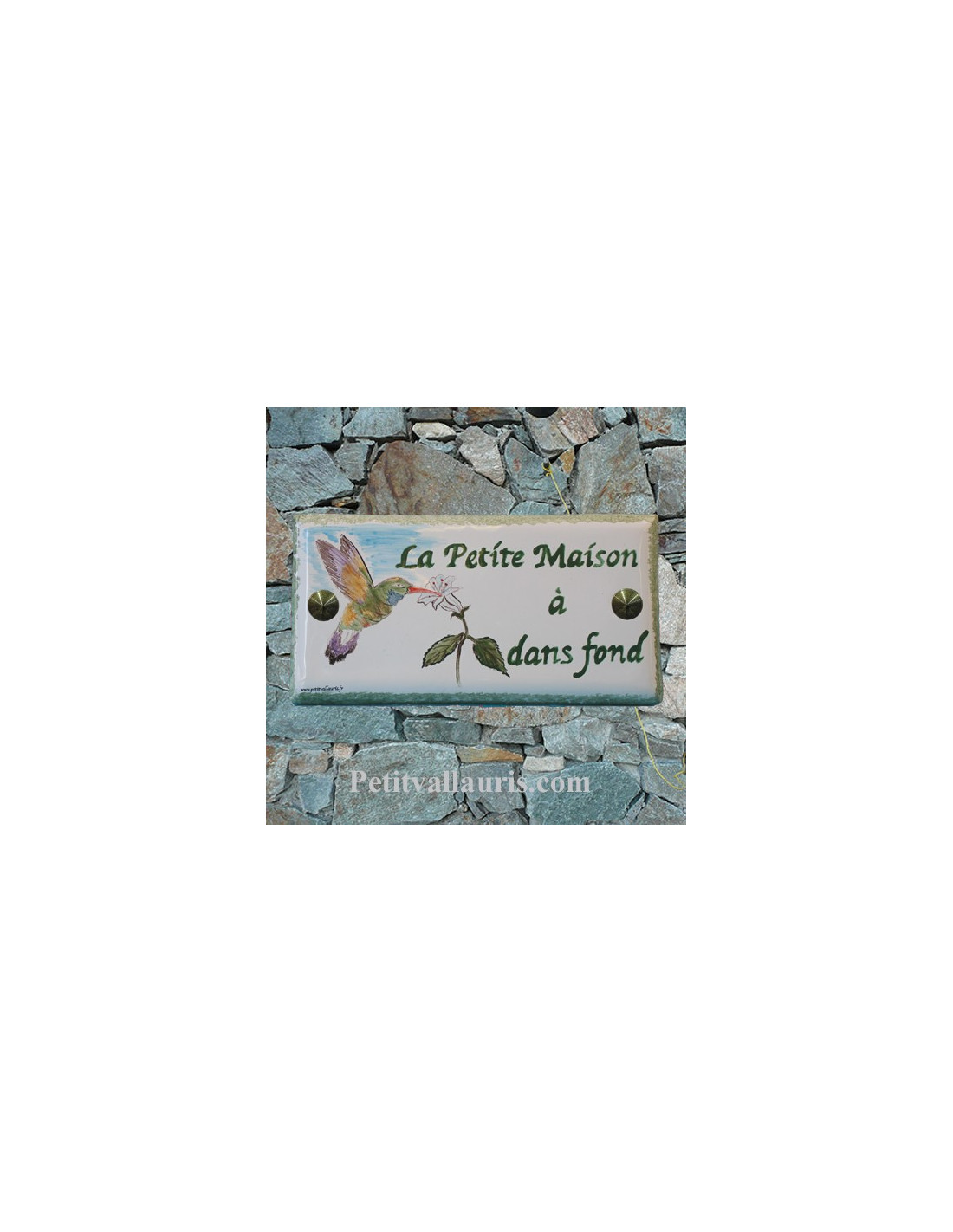 Plaque nom de maison faience émaillée inscription personnalisée décor colibri LE PETIT VALLAURIS