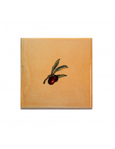Décor sur carreau mural 10x10 cm en faience jaune-ocre pose classique motif petit brin d'olives rouges
