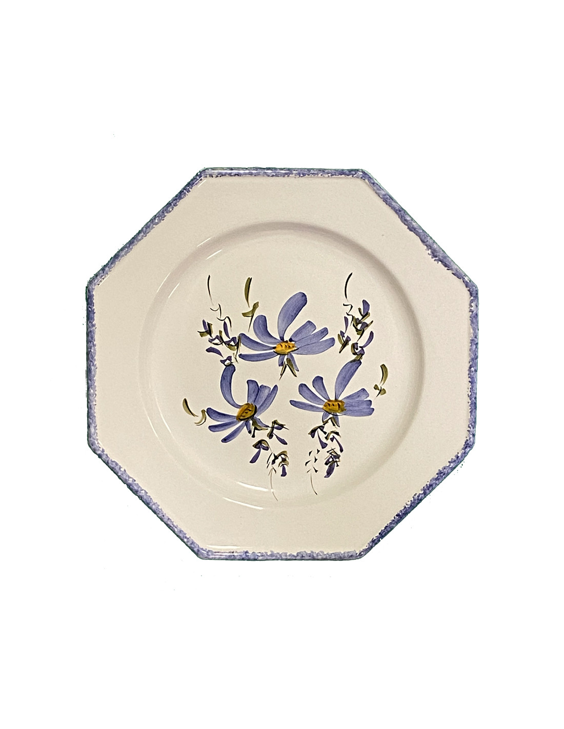 Assiette plate en faience blanche modèle octogonale décor artisanal fleurs  bleues