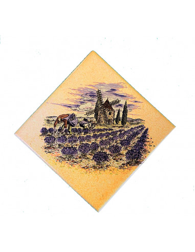 Décor sur carreau mural 10x10 cm en faience jaune-ocre pose diagonale motif moulin et récolte des lavandes