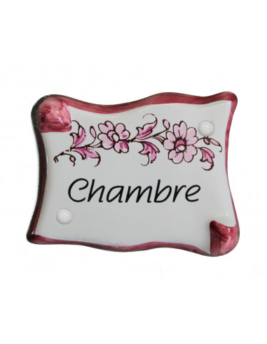 Plaque de porte modèle parchemin décor tradition fleurs roses avec inscription Chambre