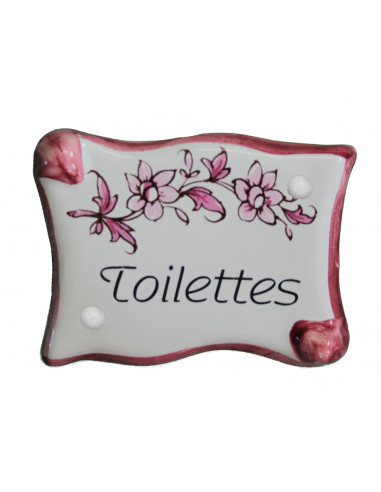 Plaque de porte modèle parchemin décor tradition fleurs roses avec inscription Toilettes