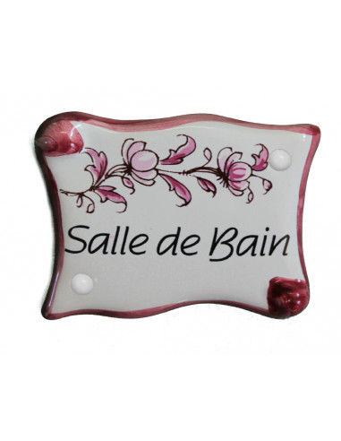 Plaque de porte modèle parchemin décor tradition fleurs roses avec inscription Salle de Bain