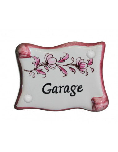 Plaque de porte modèle parchemin décor tradition fleurs roses avec inscription Garage