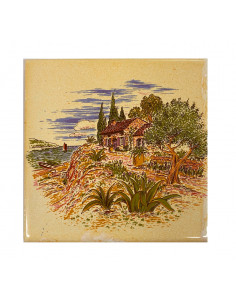 Décor sur carreau mural 10x10 cm en faience jaune-ocre motif bastide et olivier