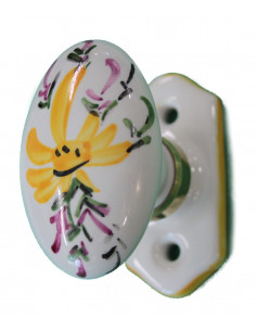 Poignée en porcelaine modèle Crémone avec platine en porcelaine motif artisanal Fleurs jaunes