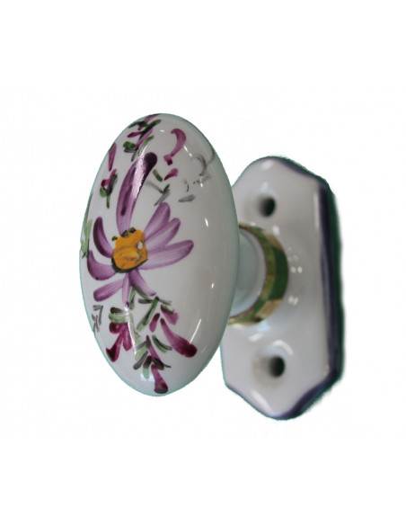 Poignée en porcelaine modèle Crémone avec platine en porcelaine motif artisanal Fleurs parmes