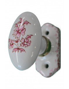 Poignée en porcelaine modèle Crémone avec platine en porcelaine motif camaïeux de rose