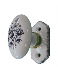 Poignée en porcelaine modèle Crémone avec platine en porcelaine motif camaieux de bleu