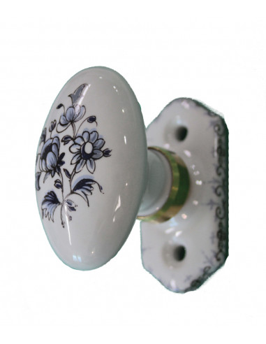 Poignée en porcelaine modèle Crémone avec platine en porcelaine motif camaieux de bleu