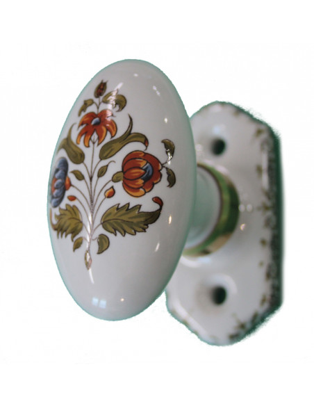 Poignée en porcelaine modèle Crémone avec platine en porcelaine motif fleurs polychrome