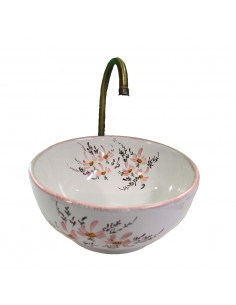 Petite Vasque bol ronde à poser en porcelaine blanche décor artisanal fleurs beiges saumon