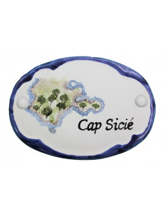 Plaque de porte en faience blanche modèle ovale motif artisanal "Le Cap Sicié" avec personnalisation