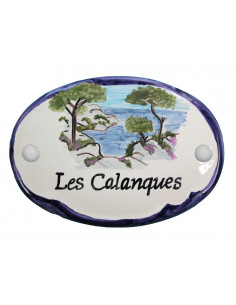 Plaque de porte en faience blanche modèle ovale motif artisanal "La Calanque" avec personnalisation