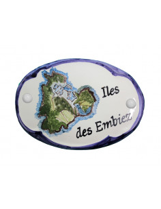 Plaque de porte en faience blanche modèle ovale motif artisanal "Iles des Embiez" avec personnalisation