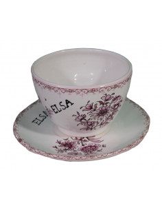 Tasse à thé avec sous tasse en faience blanche décor reproduction vieux moustiers rose