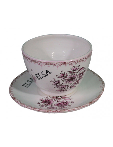 Tasse à thé avec sous tasse en faience blanche décor reproduction vieux moustiers rose