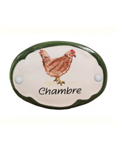 Plaque de porte en faience blanche modèle ovale motif artisanal poule rousse avec inscription au choix