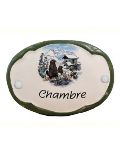 Plaque de porte en faience blanche modèle ovale motif marmotte avec inscription au choix