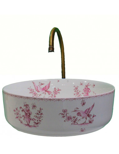 Vasque ronde à poser en porcelaine blanche reproduction décor tradition vieux moustiers rose