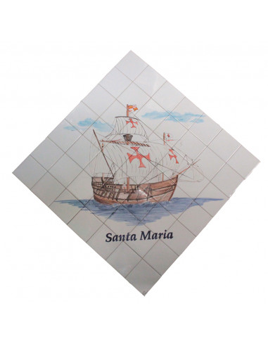 Fresque en faience pose diagonale avec décor artisanal d'après demande résidence motif Caravelle Santa Maria