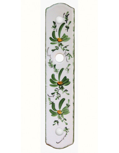 Plaque de propreté avec poignée en porcelaine blanche modèle sans orifice pour clé motifs artisanal fleurs vertes