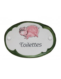 Plaque de porte en faience blanche modèle ovale motif artisanal le cochon avec personnalisation