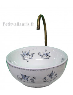 Petite Vasque bol ronde en porcelaine blanche reproduction décor tradition vieux moustiers bleu