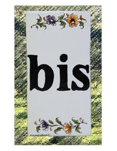 Numero de rue au détail à coller en faience "BIS" motif fleurs tradition polychrome