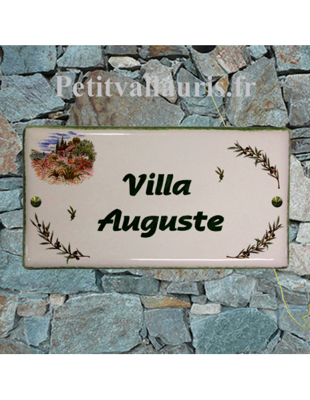 Grande Plaque de Maison rectangulaire en céramique décor Mas Provençal et Brins d'Olives + personnalisation