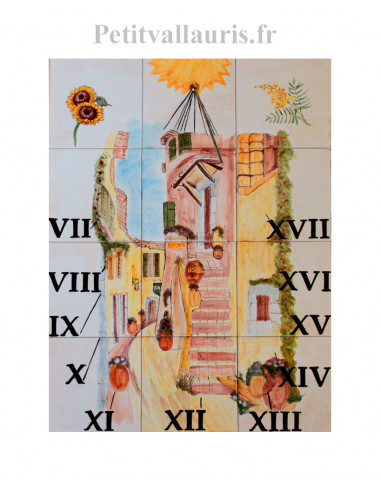 Cadran solaire décoratif sur carreaux de faïence décor artisanal Ruelle de Village sud de la France 60x45