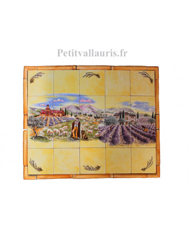 Grande fresque sur carreaux de couleur jaune ocre décor champs de lavande et berger 60 x 75 cm