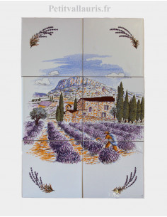 Fresque murale en faience blanche décor massif du Garlaban et champs de lavandes 60x40 cm
