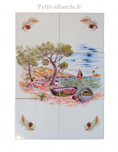 Fresque murale en faience blanche décor paysage bord de mer 60x40 cm