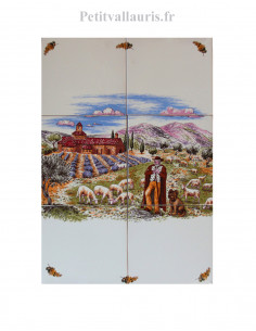 Fresque murale en faience blanche paysage monastère et berger en haute Provence 60x40 cm