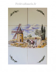 Fresque murale en faience blanche décor le moulin et le meunier 60x40 cm