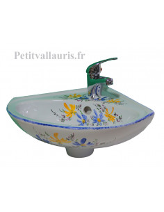 Lave-main en porcelaine blanche modèle d'angle décor artisanal Fleurs bleues et jaunes orangées 35x35