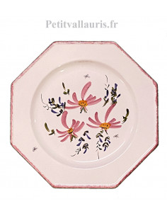 Assiette plate en faience blanche modèle octogonale décor artisanal fleurs roses