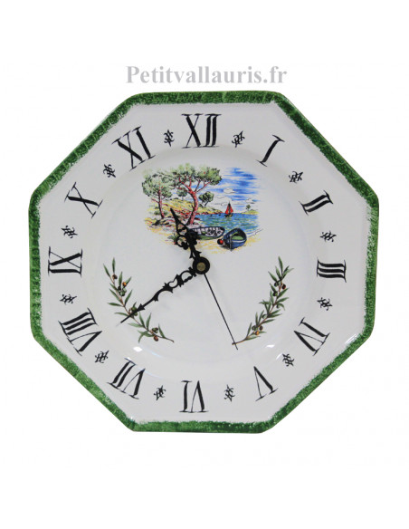 Horloge-Pendule murale en faïence blanche modèle octogonale collection provence décor calanque et olive avec chiffres romain