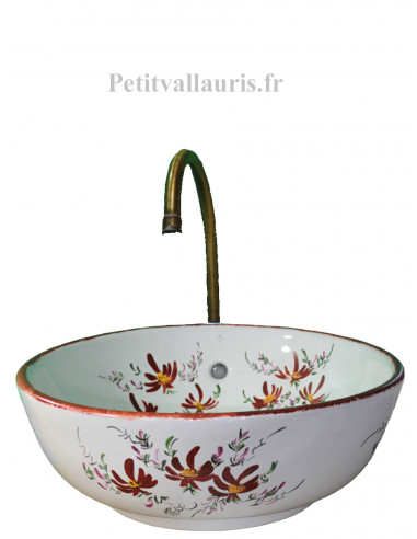 Vasque bol ronde à poser en porcelaine blanche décor artisanal fleurs rouge pourpre