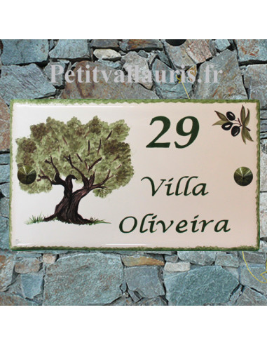 Plaque de Maison rectangle en céramique émaillée décor artisanal motif l'olivier + inscription personnalisée