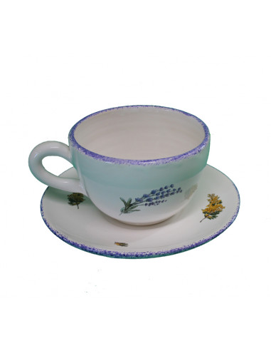 Tasse à thé avec sous tasse en faience blanche décor brins de lavande et de mimosas