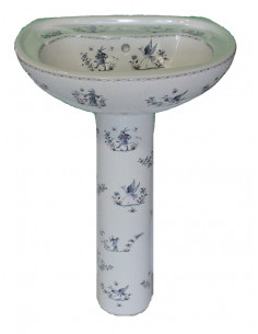 Lavabo avec colonne en porcelaine blanche reproduction décor tradition vieux moustiers bleu