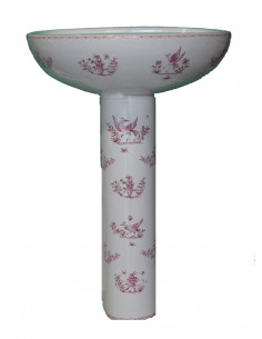 Lavabo avec colonne en porcelaine blanche reproduction décor tradition vieux moustiers rose