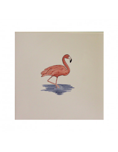 Carreau mural en faience blanche collection oiseaux avec motif artisanal flamant rose