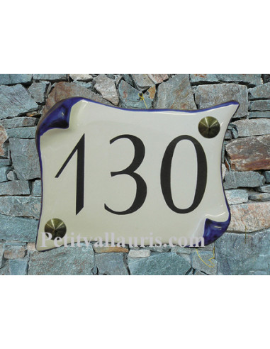 Plaque de Maison en céramique modèle parchemin 14x21 bordure bleue avec numéro personnalisé