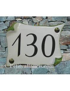Plaque de Maison en céramique modèle parchemin 14x21 bordure verte avec numéro personnalisé