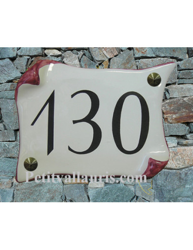 Plaque de Maison en céramique modèle parchemin 14x21 bordure rose avec numéro personnalisé