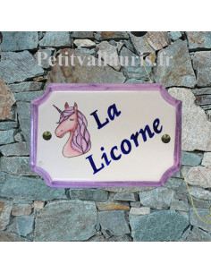 Plaque de Maison en céramique aux angles incurvés motif artisanal la Licorne + inscription personnalisée