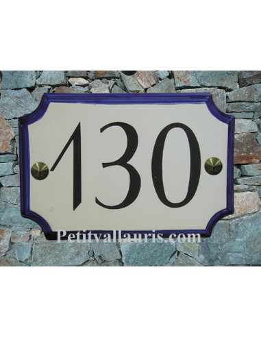 Plaque de Maison en céramique modèle aux angles incurvés 14x21 bordure bleue avec numéro personnalisé